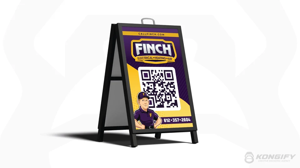 Finch A-frame design with a purple-and-gold name badge, large QR code, technician portrait, website, and phone number.