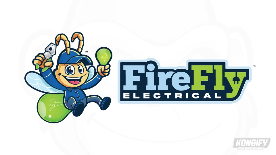 FireFly Electrical logo with a smiling winged insect in blue workwear holding pliers and a green bulb beside blue and green lettering.