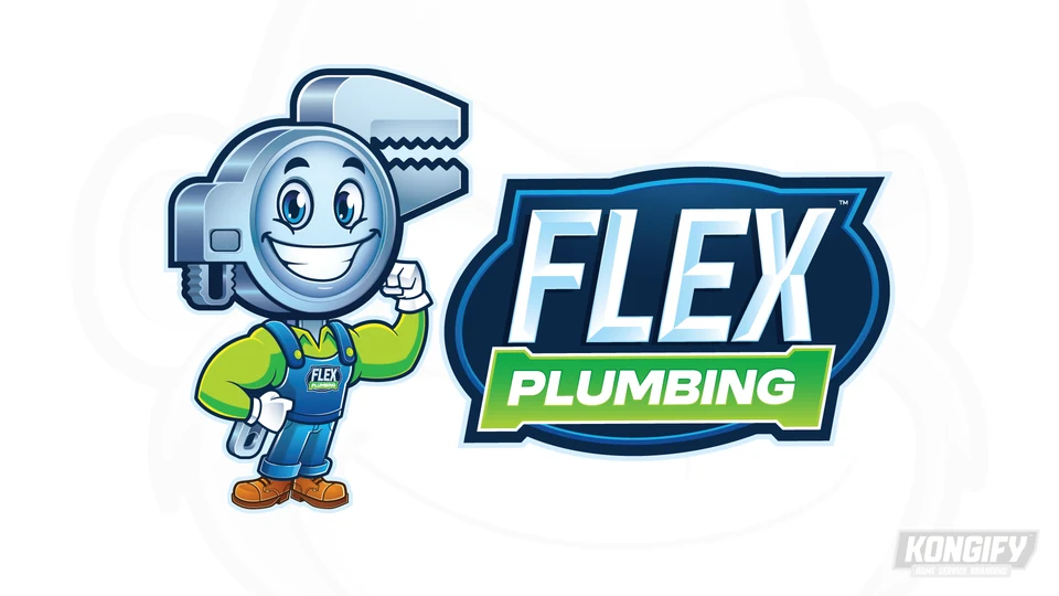 Flex Plumbing logo with a smiling silver wrench-headed mascot, flexed arm, bright green shirt, blue overalls, white gloves, and silver name on a blue badge.