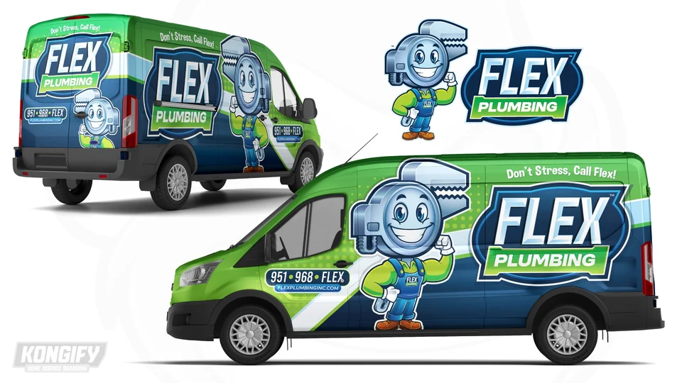 Flex Plumbing van wrap with a large wrench mascot, green upper body, blue lower panels, sweeping white band, large name badge, and contact panel.