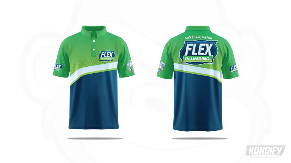 Flex Plumbing green-and-blue polo with a white sweeping stripe, green dot pattern, small chest badge, large rear badge, and wrench mascot on a sleeve.