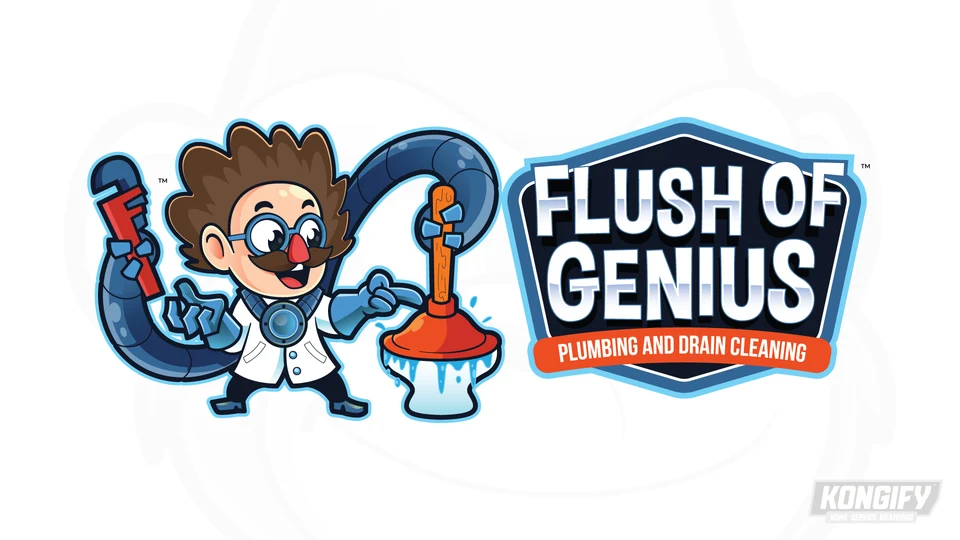 Flush of Genius logo with a smiling inventor, mechanical arms holding a wrench and plunger, and a navy name badge.