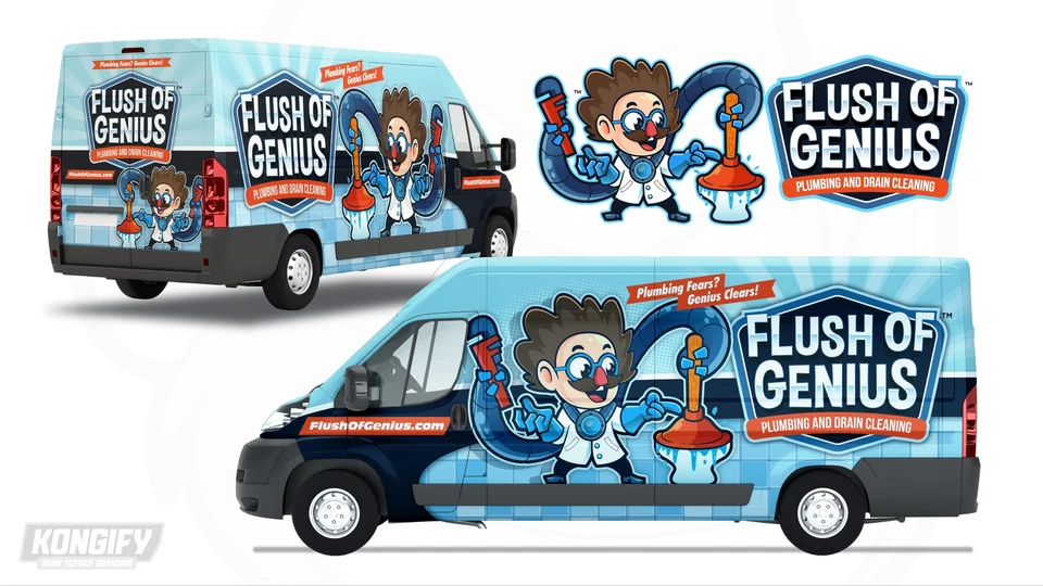 Flush of Genius van wrap design with an inventor mascot, light blue rays and tile shapes, a navy band, and orange service lettering.