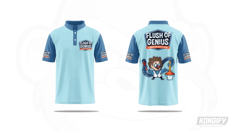 Flush of Genius pale blue polo design with dark sleeves, a small chest badge, and an inventor graphic on the back.