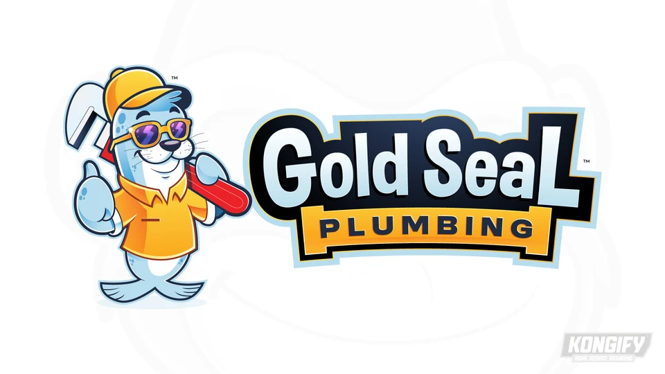 Gold Seal Plumbing logo with a blue seal in a gold cap, shirt, and sunglasses, carrying a red-handled wrench beside a navy-and-gold name badge.