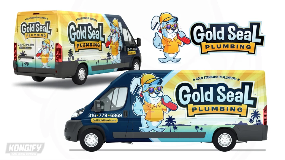 Gold Seal Plumbing van wrap design with a navy front, gold sky, turquoise water, palm silhouettes, and large seal character.