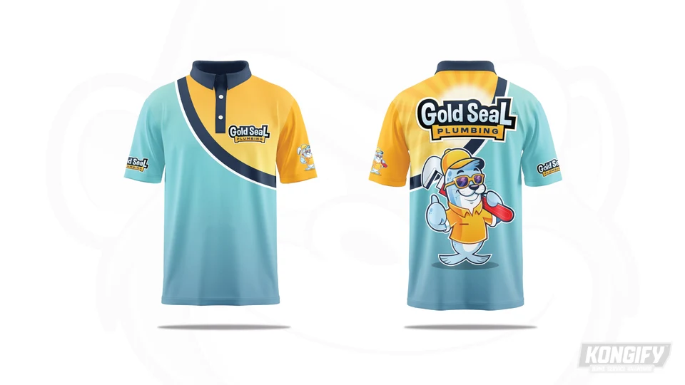 Gold Seal Plumbing polo design with aqua and gold fields, a curved navy divider, small chest logo, and large seal on the back.