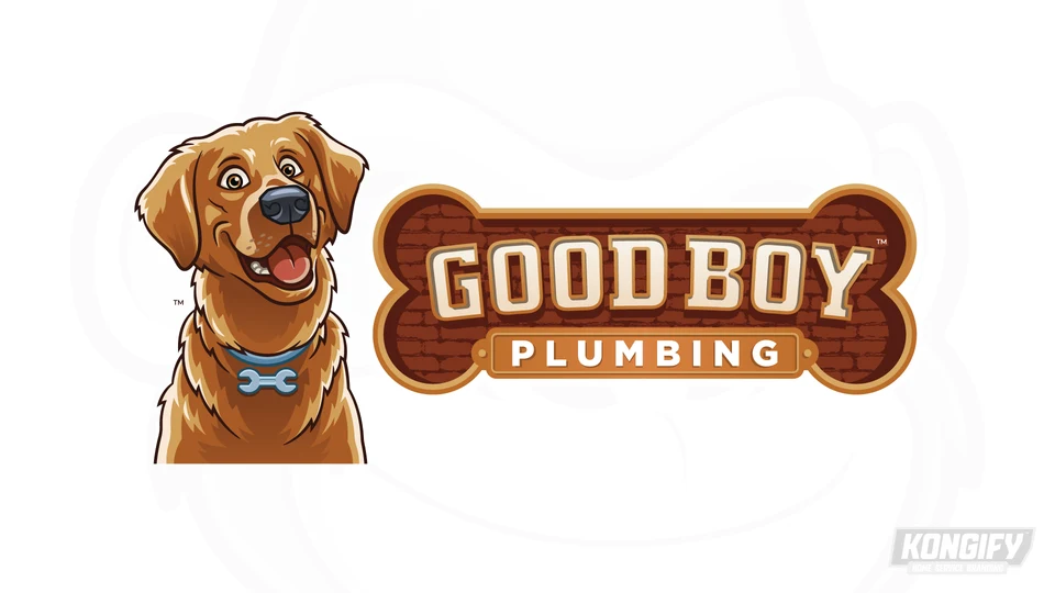 Good Boy Plumbing logo with a smiling golden-brown dog, blue wrench-shaped tag, and brick-textured bone badge.