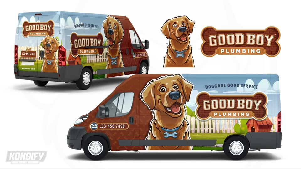 Good Boy Plumbing vehicle wrap artwork.