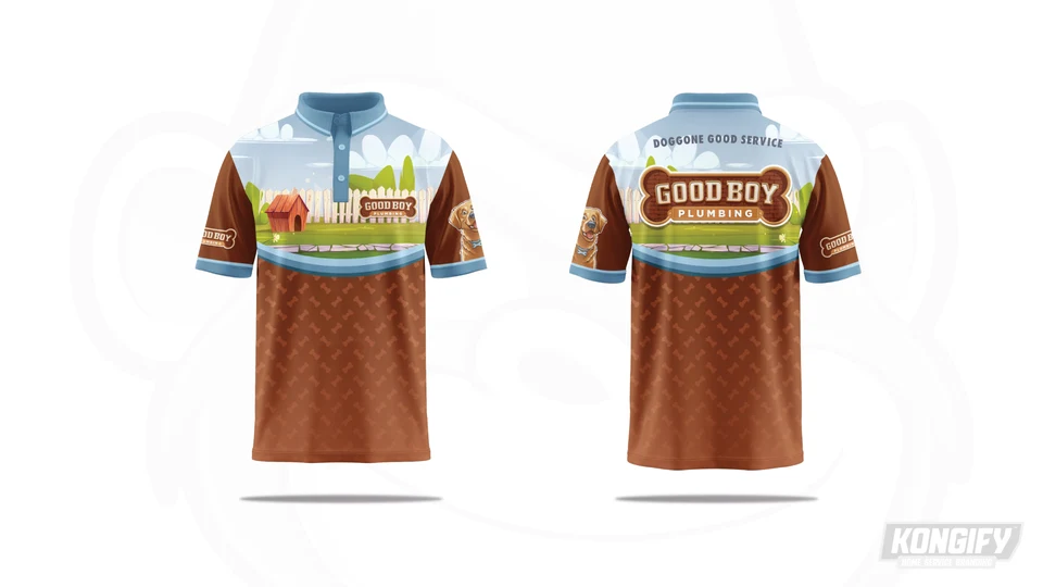 Good Boy Plumbing polo design with a doghouse, white fence, brown bone pattern, and dog mascot on a sleeve.