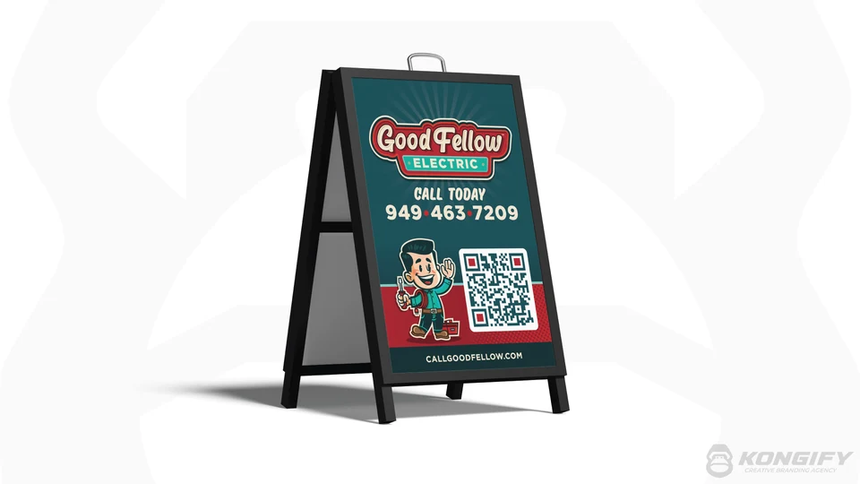 Good Fellow Electric A-frame design with the logo, mascot, phone number, and QR code.