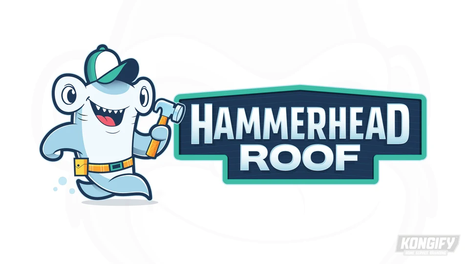 Hammerhead Roof logo with a smiling hammerhead shark wearing a cap and tool belt, holding a hammer beside a navy and teal name badge.