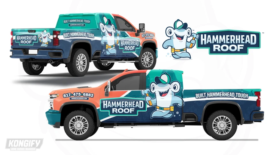 Hammerhead Roof pickup wrap design with a large shark mascot, coral front, teal upper area, navy lower panels, and water details.
