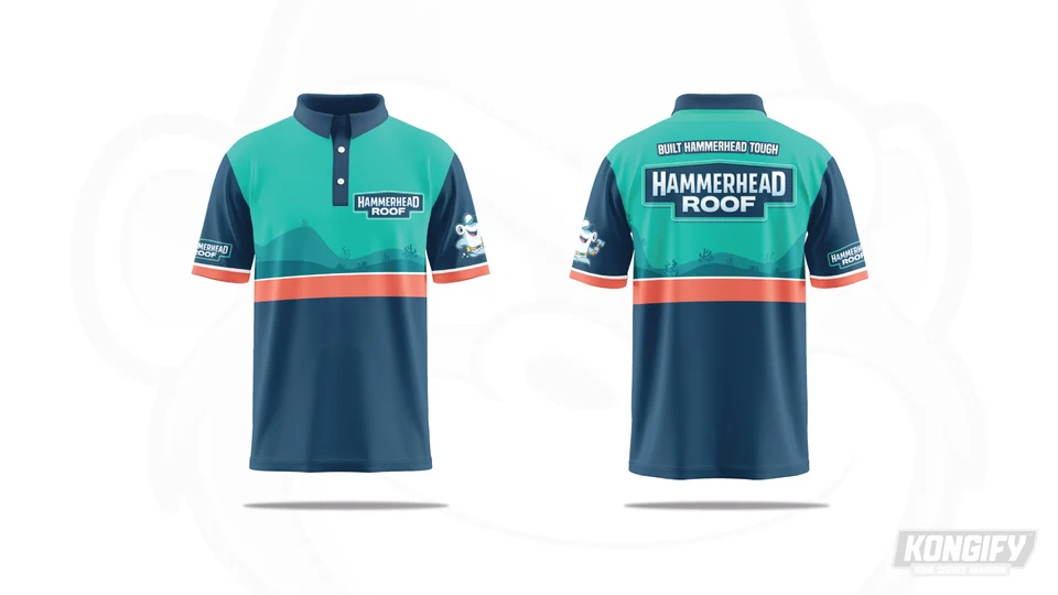 Hammerhead Roof polo design with teal shoulders, navy sleeves and lower body, a coral band, and a shark graphic on the sleeve.