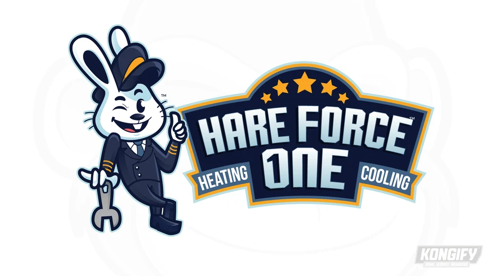 Hare Force One logo with a winking rabbit pilot, wrench, thumbs-up, and navy-and-gold badge.