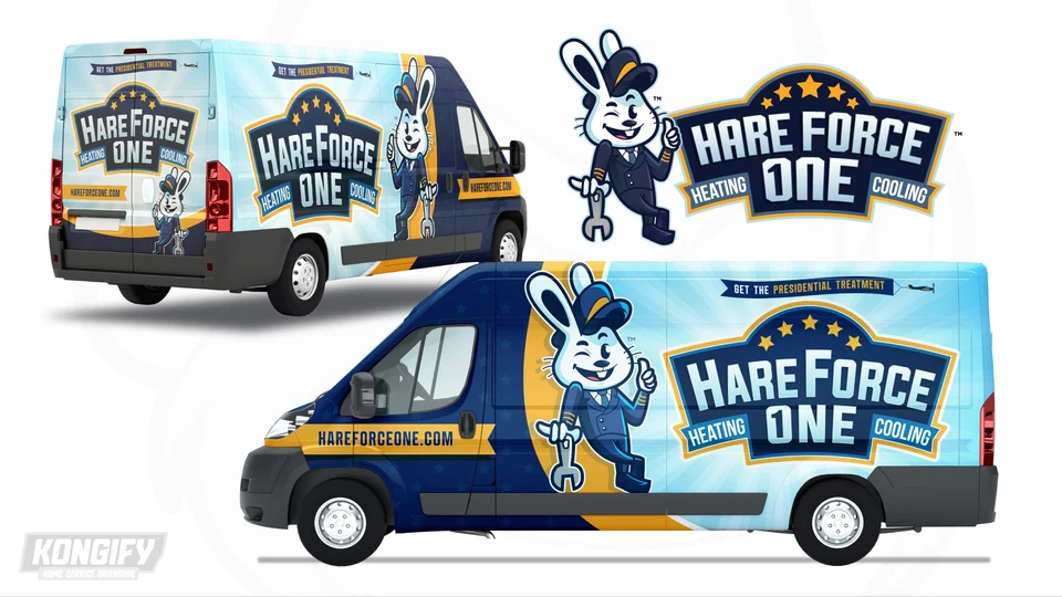 Hare Force One van wrap with a rabbit pilot, pale-blue rays, navy front, gold bands, and a small plane banner.