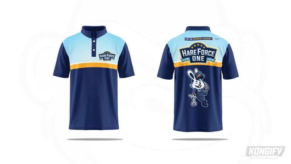 Hare Force One polo design with light-blue shoulders, a navy body, gold chest stripe, and rabbit on the back.