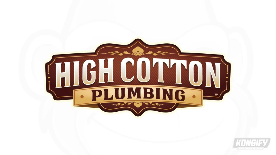 High Cotton Plumbing logo with tall cream serif letters, a brown badge, and gold cotton motifs.