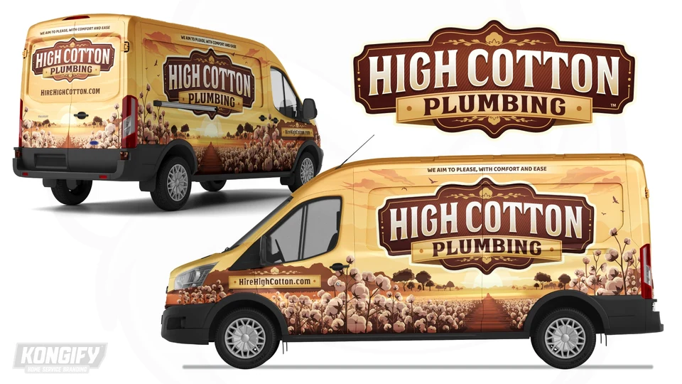 High Cotton Plumbing van design with a golden sky, cotton plants, and a large name badge.