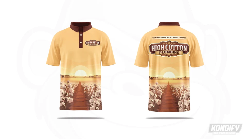 Front and back of the High Cotton Plumbing polo design with cotton-field graphics.