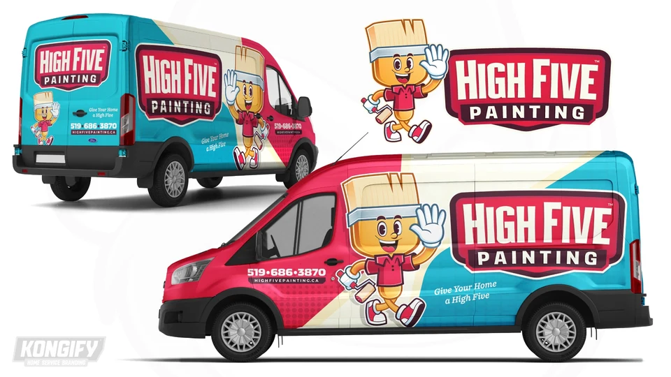 High Five Painting van-wrap design with a paintbrush mascot and red, teal, and cream panels.
