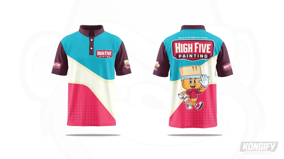 Front and back of the High Five Painting polo design with teal and red panels and a paintbrush mascot.