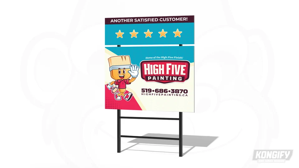 High Five Painting yard-sign design mockup with its paintbrush mascot, badge, and contact details.