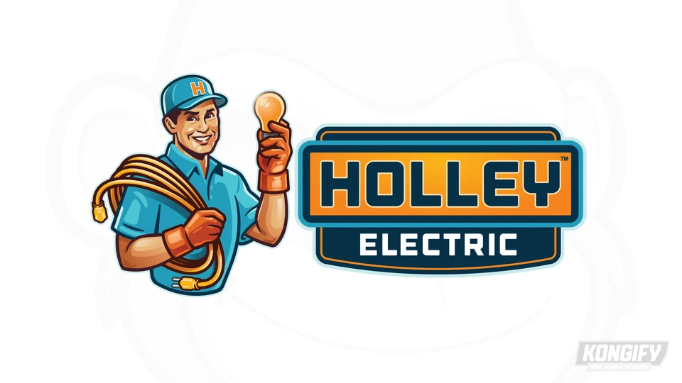 Holley Electric logo with a smiling electrician in a teal cap and shirt, holding a light bulb and coiled cord beside an orange and navy badge.