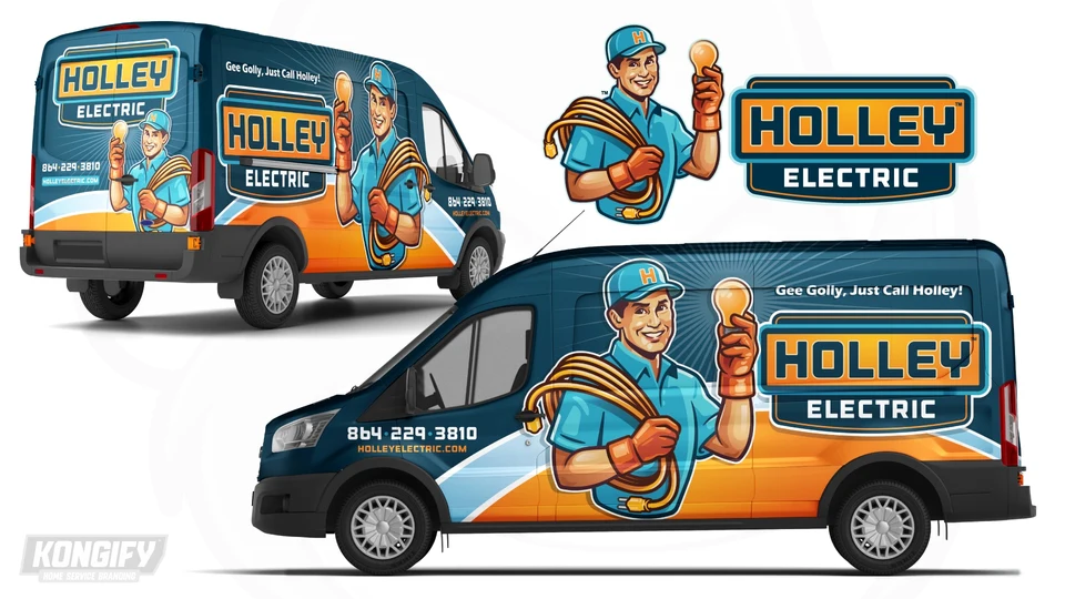 Holley Electric van wrap with a large electrician, rays behind a raised bulb, dark teal panels, orange lower section, and pale curved bands.