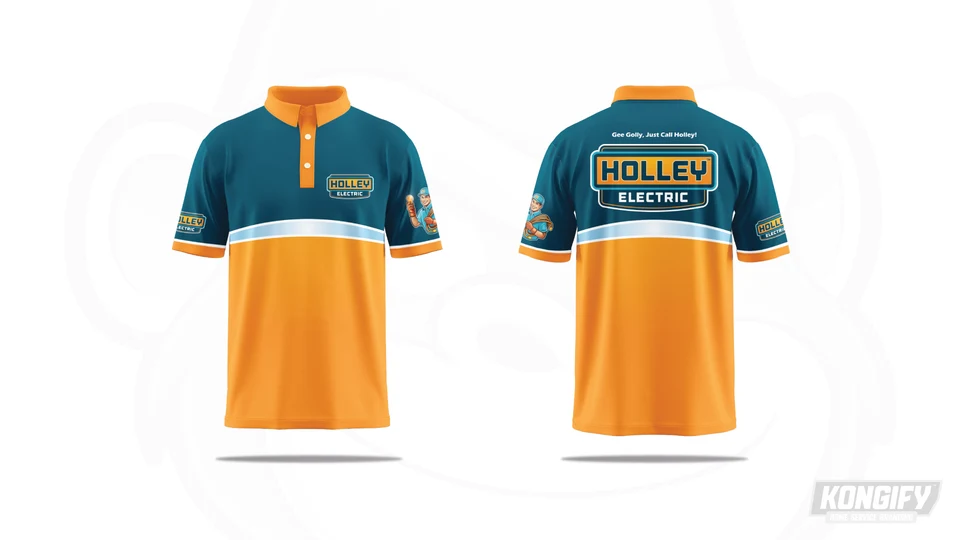 Holley Electric polo with dark teal shoulders, orange lower panels, a pale curved stripe, chest and back badges, and electrician sleeve art.