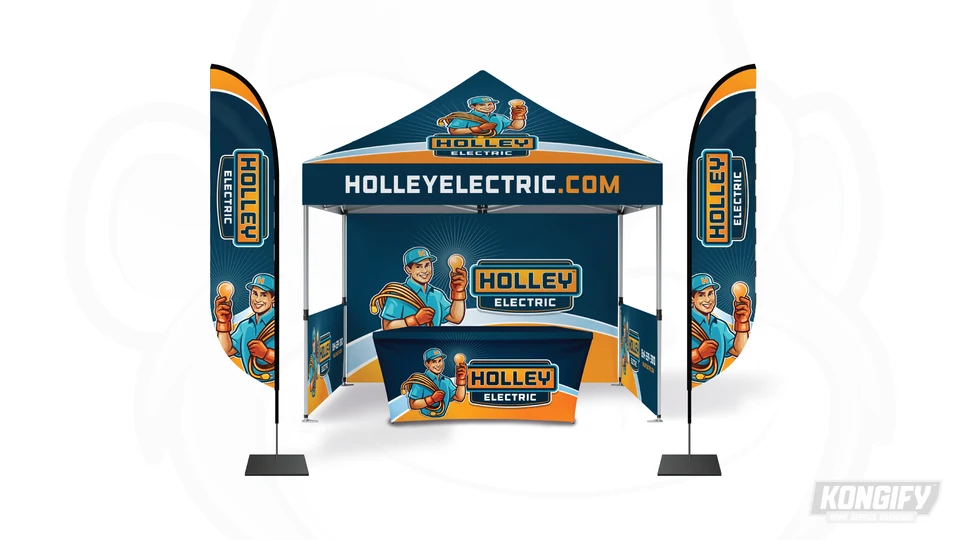 Holley Electric event display with teal-and-orange canopy, flags, backdrop, table cover, electrician mascot, and light rays.