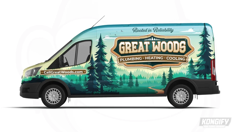 Side-view design mockup of a Great Woods Plumbing, Heating & Cooling van with a forest-themed wrap