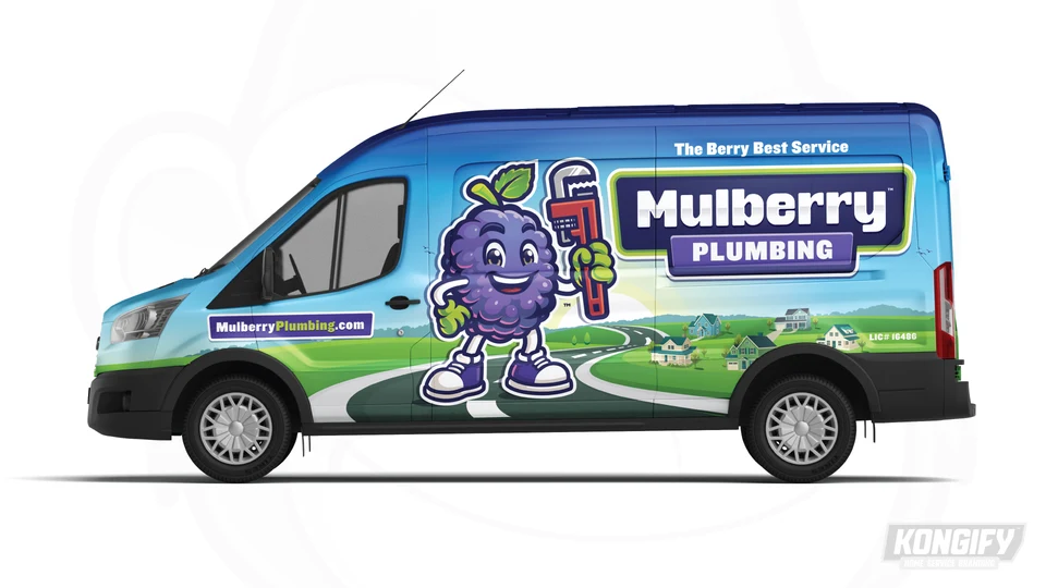 Side-view design mockup of a Mulberry Plumbing van with its berry mascot holding a pipe wrench