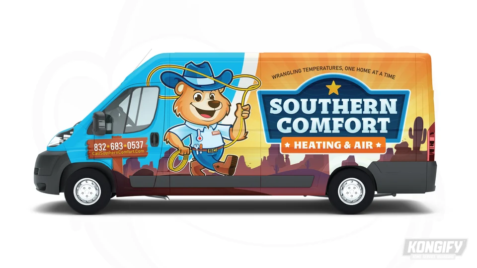 Side-view design mockup of a Southern Comfort Heating & Air van with its cowboy mascot