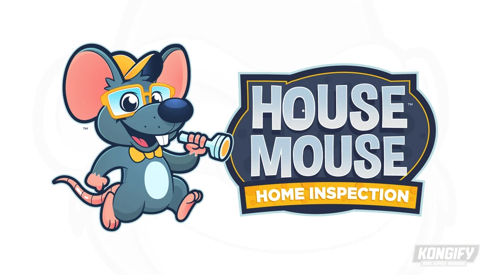 House Mouse Home Inspection logo with a gray-blue mouse wearing yellow glasses and carrying a flashlight beside a navy badge.