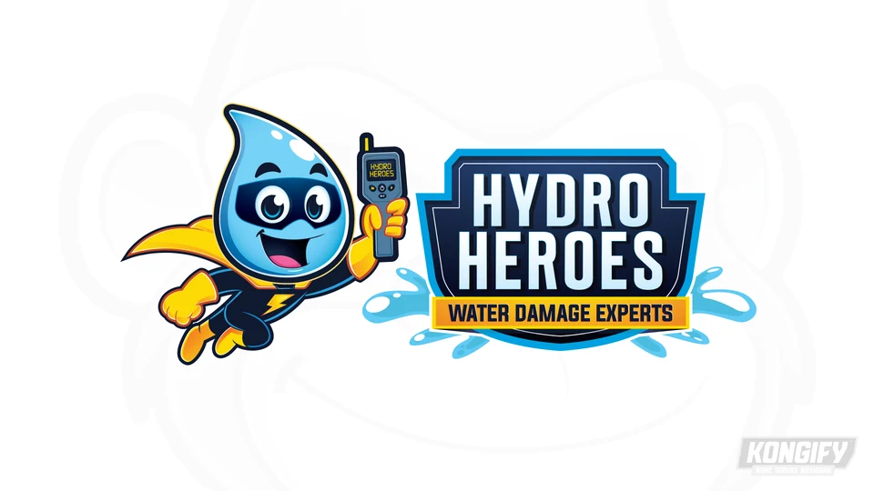 Hydro Heroes logo with a smiling water-drop superhero in a navy mask and suit, yellow cape and gloves, handheld device, and Water Damage Experts shield badge.