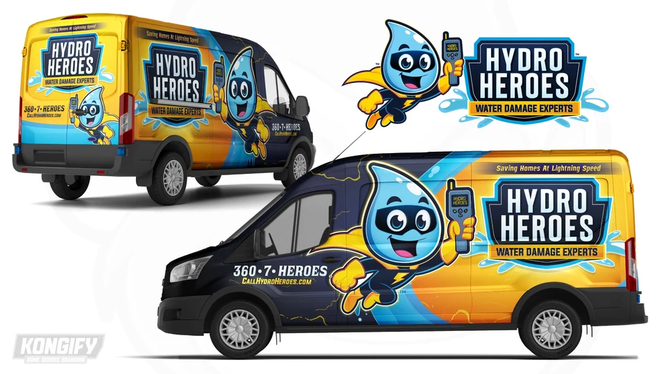 Hydro Heroes van wrap with a large water-drop superhero, navy front, yellow rear, blue curved band, lightning details, and large shield badge.