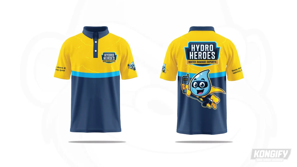 Hydro Heroes polo with yellow shoulders, navy lower body and collar, blue dividing stripe, chest badge, sleeve mascot, and large superhero on the back.
