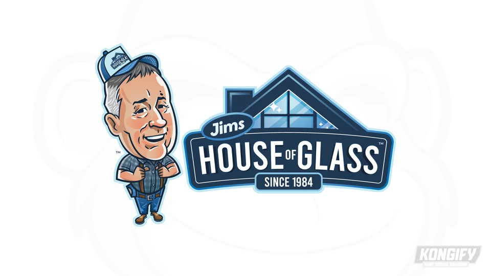 Jim’s House of Glass logo presentation with a blue glass-roof badge beside a gray-haired character holding his suspenders.