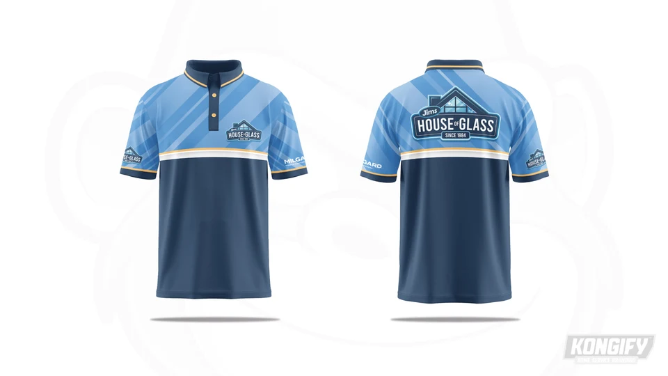 Jim’s House of Glass blue polo design with diagonal glass-like bands, a navy lower panel, and name badges on the chest and back.