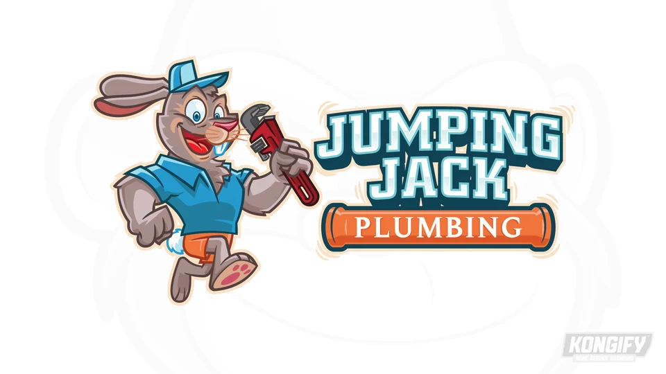 Jumping Jack Plumbing logo with a brown rabbit in a blue cap and shirt holding a red pipe wrench beside white lettering and an orange pipe.