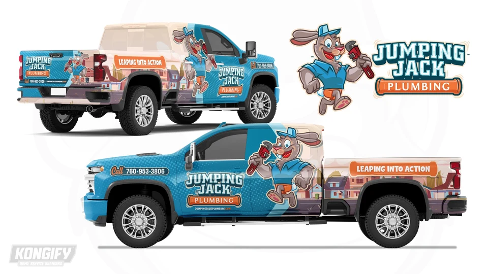 Jumping Jack Plumbing pickup design with a blue front, large rabbit mascot, neighborhood houses across the bed, and orange tagline panel.