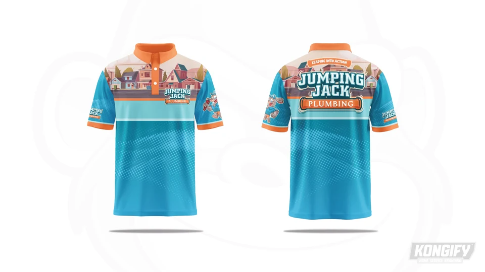 Jumping Jack Plumbing polo design with neighborhood houses across the shoulders, a blue body, orange collar, and rabbit sleeve graphic.