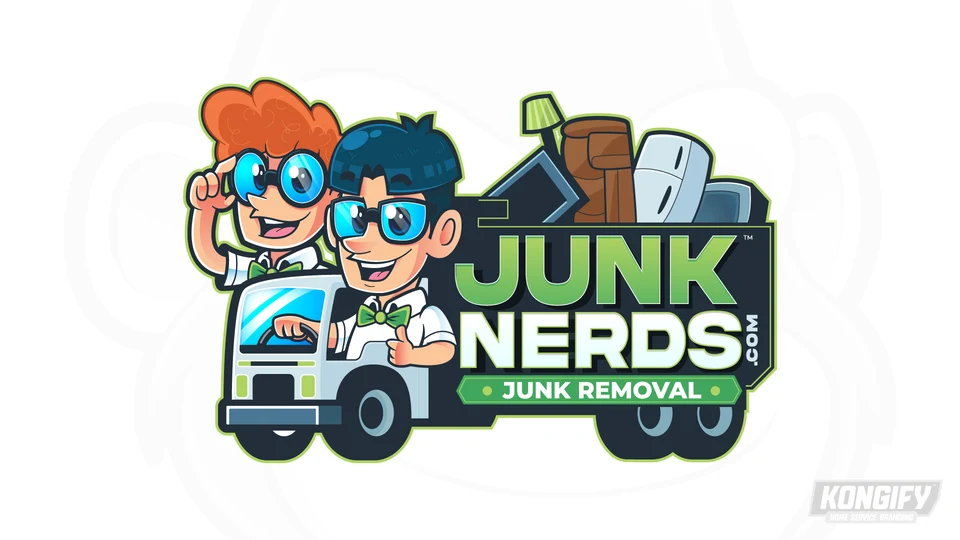 Junk Nerds Junk Removal logo with two smiling characters in large glasses and green bow ties beside a truck loaded with furniture and appliances.
