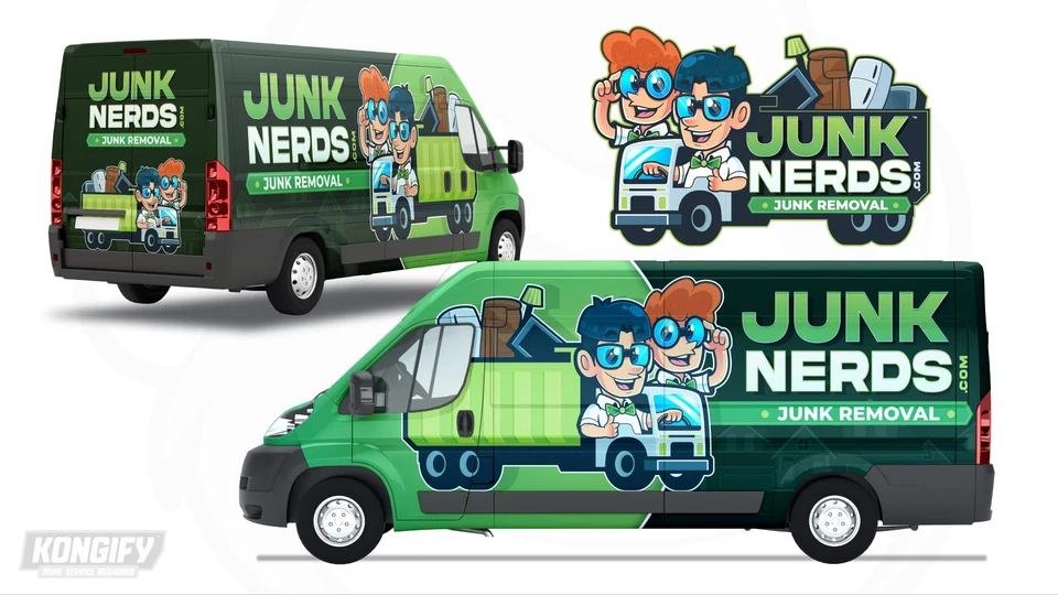 Junk Nerds van wrap design with a green front, dark green rear, large character and truck graphics, and prominent Junk Removal lettering.