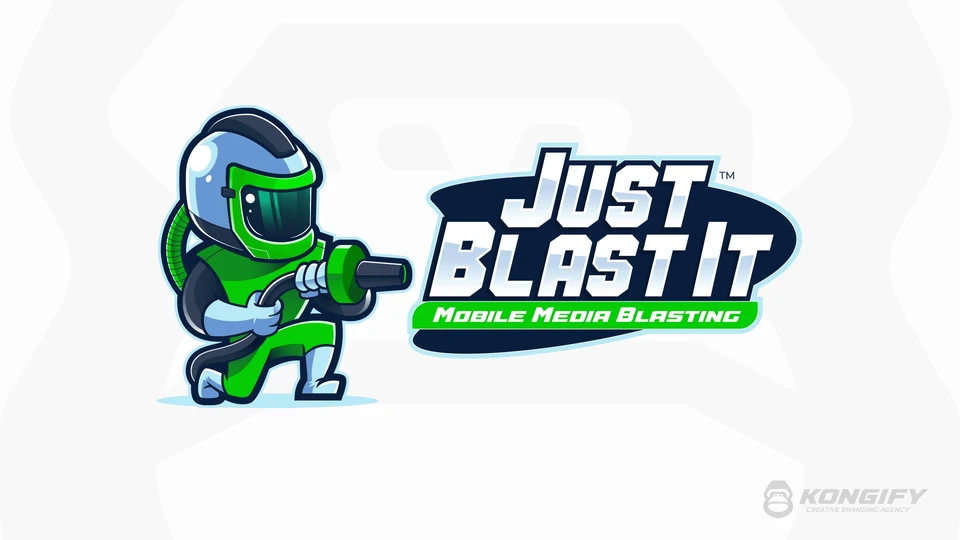 Just Blast It Mobile Media Blasting logo with a worker in a green and navy suit holding a hose and nozzle beside slanted white lettering.