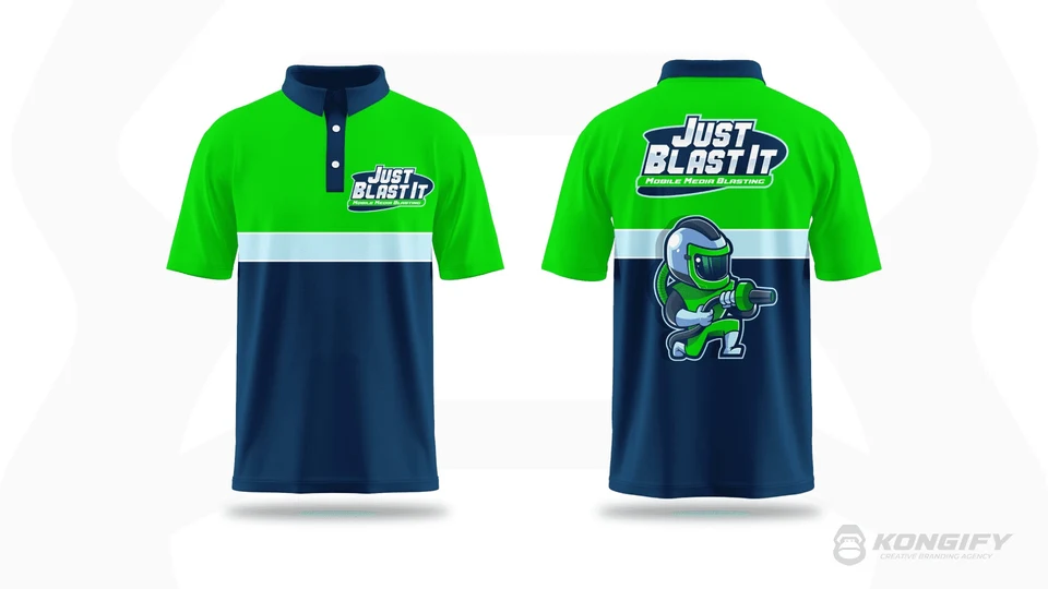 Just Blast It polo design with a bright green upper area and sleeves, navy lower panel, pale blue stripe, and suited worker on the back.