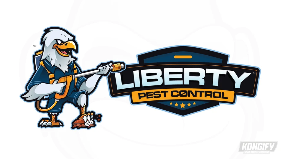 Liberty Pest Control logo with a white-headed eagle holding a sprayer wand beside a navy and gold name badge.