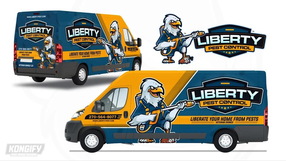 Liberty Pest Control van wrap design with a gold front, navy side panels, a large eagle mascot, and a gold horizontal band.