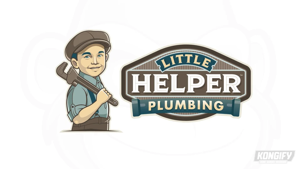 Little Helper Plumbing logo with a smiling helper in a flat cap and rolled-sleeve shirt, carrying a pipe wrench beside a teal and brown badge.